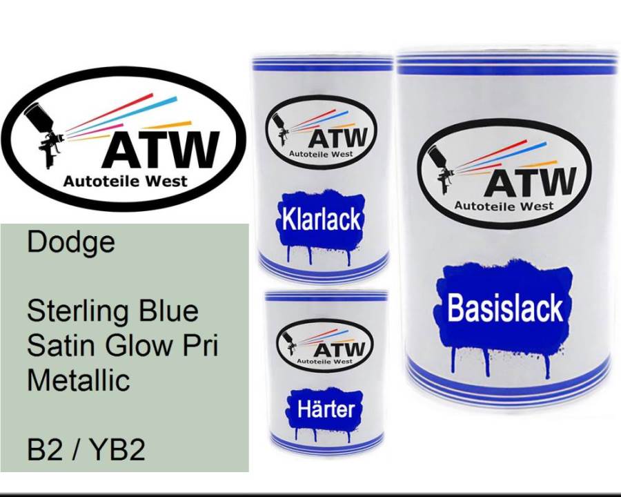 Dodge, Sterling Blue Satin Glow Pri Metallic, B2 / YB2: 500ml Lackdose + 500ml Klarlack + 250ml Härter - Set, von ATW Autoteile West.